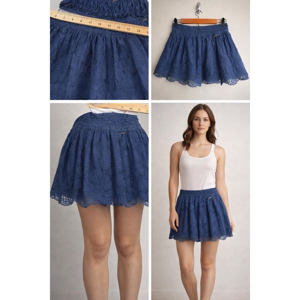 Abercrombie & Fitch Navy Blue Lace Mini Skirt Size M Elastic Waist Lined